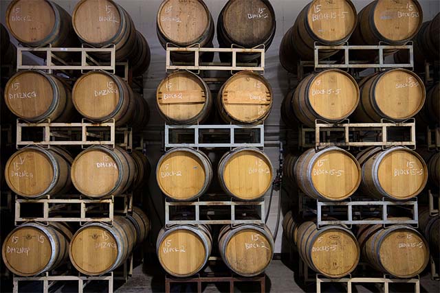 Stacked wine barrels