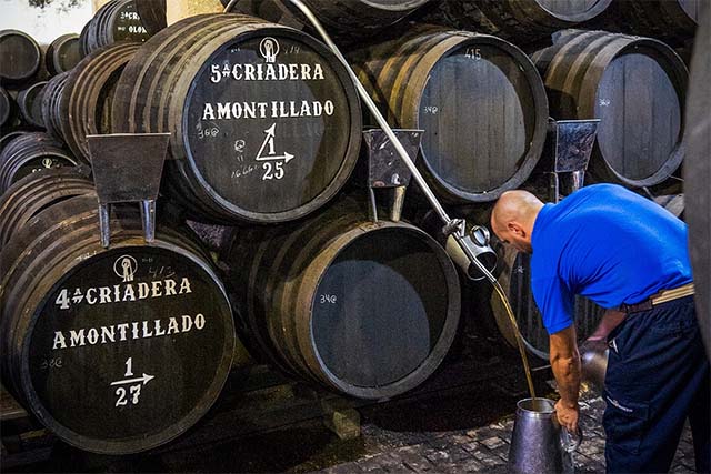 Worker collecting wine from barrels